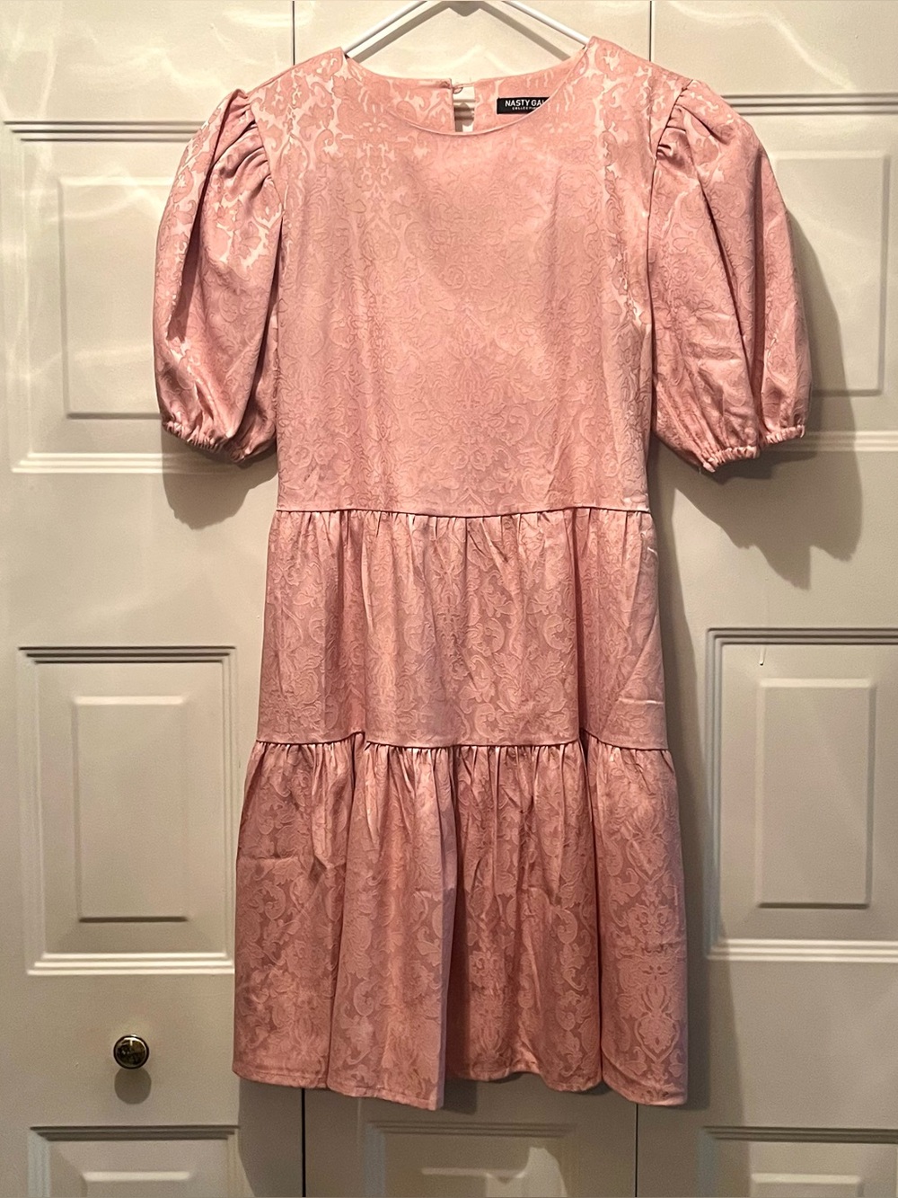 Nasty Gal pastel pink floral brocade puff sleeve dress small